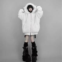 Vintažiniai kailio skiautiniai laisvi kasdieniai su gobtuvu paltai Streetwear vienspalviai žiemos Y2k estetiniai švarkai moterims Harajuku viršutiniai drabužiai M white