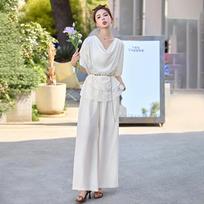 Summer new design sense fashionable lace splicing pile collar top wide leg pants suit women XXL