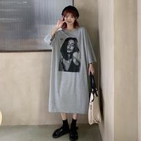 Korean Plus Size Oversized Short Sleeve Knee-Length Casual T-Shirt Dress L juoda