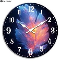 Wooden Silent Wall Clock Glowing feather sparkles Quartz Analog Clock for Kitchen Home Halloween New Year Gift 14 inch blue