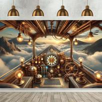 2D Fantasy Steampunk Backdrop with Airship Cockpit & Mountain Sunrise 47.2x31.5inch/120*80cm gray