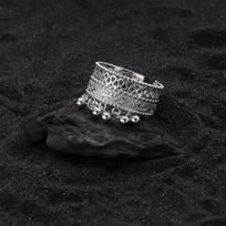 New Chinese Style Retro Round Bead Tassels Lace Hollowed-Out Pattern Opening Ring For Women Stainless Steel Charm Finger Jewelry resizable