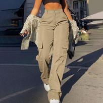 Women's Pink Wide Leg Cargo Pants with Side Pockets 2XL beige