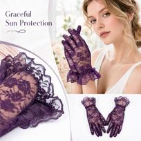 Women's Short Lace Sun Gloves with Large Floral Lace Trim for Summer Driving One Size violetinė