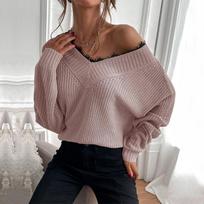 Autumn and Winter 2023 New Lace Pullover V-neck Knitted Sweater Women S rožinė