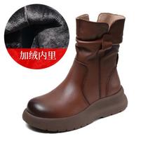 Leather Large Size Medium Cigarette Martin Boots Women's 2026 Autumn and Winter Fleece Retro British Style Platform Knight Pile Boots 43 black