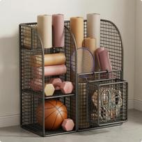 Home Gym Storage Cart Metal Fitness Equipment Organizer Grid-patternGrid Black Wo Wheels Basket