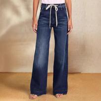 Women's Spring Lace Up Elastic Jeans Straight Leg Wide Leg Pants XXL beige