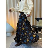 Xu Man Spring Korean Retro A-Line Pleated Skirt with Artistic Print and Elastic Waist for Women One Size black