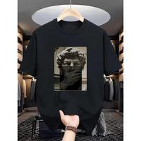 Men'S T-Shirt, Classical Sculpture Mouth Covering Theme Hand Tattoo Art Print, Commuter Texture Fabric, Regular Comfortable Fit, Urban Trendy 4XL