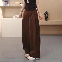 Women's Pleated Side Crease Wide Leg Pants High Waist Loose Fit Casual Workwear Long Trousers 2XL brown