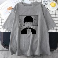 Mob Psycho 100 Shigeo Kageyama Marškinėliai Vyriški Retro Skalbti Viršutiniai Drabužiai T-shirt Harajuku Vienas Anime Manga T-shirt Streetwear Hip Hop Marškinėliai XL gray