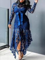 Women's High Neck Long Sleeve Lace Maxi Dress Slim Fit High Waist Elegant Asymmetrical Hem Evening Party Formal Gown 5XL