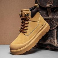 Design Male Hiking Casual Boots Outdoor Man Motorcycle Botas Lace-Up Leather Mens High Top Flats New Male All-match Basic Boots 43 beige