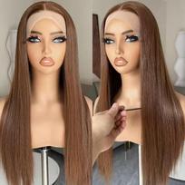 Long Straight Synthetic Wig With Lace Front Middle Part Brown Hairpiece Women Natural Look 28in šviesiai rudos spalvos