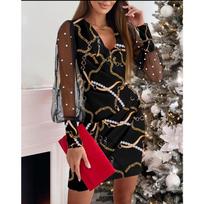 New V-neck Lace Long-sleeved Figure-hugging, Waist-cinched Dress for Women S