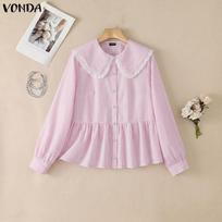 VONDA Women Casual Lapel Collar Long Sleeve Lace Hem Striped Buttons Loose Ruffled Blouse XL rožinė