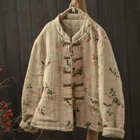 Moteriškas retro medvilninis švarkas su varliukų sagomis - Rudens/Žiemos stilius, stovimas apykaklė, laisvas kirpimas, su pašiltinimu, margintas kontrastas. One Size beige
