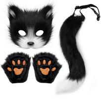 Helovino Lapės Kostiumo Rinkinys Kaukė Pirštinės Pliušinė Uodega Cosplay Aksesuaras Suaugusiems Anime Stiliaus Black White 3-Piece Set black