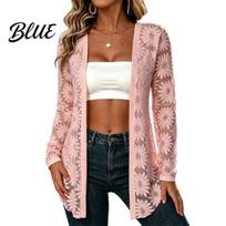 Long Sleeve Lace Cardigan Women Cardigan Open Front Beach Cover-Up Sheer Floral Jacquard Cover-up Kimono Shrug Lightweight Summer Casual Top L