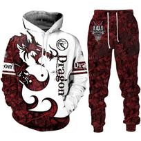 Vintažinis drakono tatuiruotės Hoodie 2 vnt. rinkiniai 3D kamufliažinis spaudinys Vyriški/moteriški su gobtuvu džemperiai ir kelnių rinkiniai Oversize madingi vyriški drabužiai 5XL gray