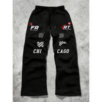 Street Style Men's Drawstring Waist Sports Pants, Racing Printed Pants, Comfortable Fabric, Unique Elements Casual Pants XL white