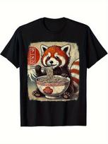 Vyriški juokingi raudonojo pandos valgančio ramen japoniško kawaii anime dizaino marškinėliai - Juodi kasdieniai trumpomis rankovėmis su apvalia kaklo iškirpte L beige