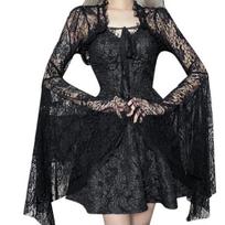 Vintage Gothic Black Lace T-shirt Elegant Flared Sleeve Smock Top See Through Sexy Cropped Tops Cardigan Streetwear M juoda