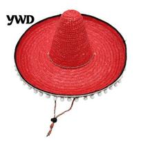 Decorative Straw Hat Mexican Sombrero with Colorful Poms, Hawaiian Style Woven Sun Hat, Wide Brim Lightweight Unisex Party Costume for Summer rožinė raudona spalva