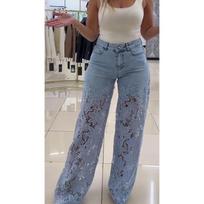 High-Waisted Straight-Leg Denim Pants With Lace Cutout Detail Women 2026 Elegant Office Wear Large
