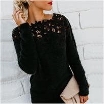 Casual Solid Color One-Neck Sweater with Lace Stitching and Long Sleeves XXXXL black