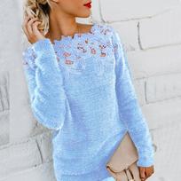 Casual Solid Color One-Neck Sweater with Lace Stitching and Long Sleeves S gray