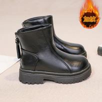 Kids Girls Martin Boots Winter Warm Lined Flat Sole Anti-Slip PU Leather Short Sizes 26-30, 50 pairs per carton black