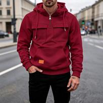 Men's Quarter Zip Hoodie, Half Zip Pullover Sweatshirt with Chest Pockets & Patch Logo, Casual Streetwear for Men S raudona