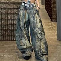Women's Retro Distressed Man Denim Pants Random Embroidery Y2K Street Punk Flare Wide Leg Pants XXL gray