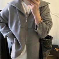 Double Zipper Lapel Thick Lazy Style Sweater Autumn and Winter Loose Large Size Solid Color Sweater Women M