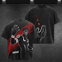 Anime Jujutsu Kaisen Mahoraga Printed Tee Men Women Washed Cotton T-shirts Short Sleeve Vintage T Shirt Harajuku Tshirt 3XL black