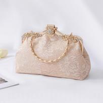 Chinese Style Clutch Bag Vintage Floral Lace Embroidery Evening Bag with Metal Frame convertible Shoulder Strap for Wedding 25-9.5-16cm beige