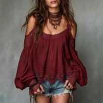 Stylish Ladies Clothing French Lace Suspender Ruffle Design Blouse XL brown
