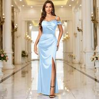 Women's Spaghetti Strap Off-Shoulder Evening Dress with Side Slit L