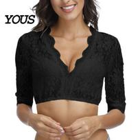 Skin Friendly Top Women Sheer Lace Crop for Oktoberfest, V-Neck Half German Dirndl Blouse Sleeve Cropped Shirt, Bavarian Costume Spring Summer Shirt L black