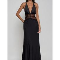 Polka dot neck deep V lace waist seal dress French retro waist thin satin dress S