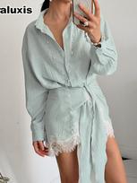 Summer French Lazy Waist Tie Lace Camisole Top Two Piece Set Women's Outfit L mėlyna