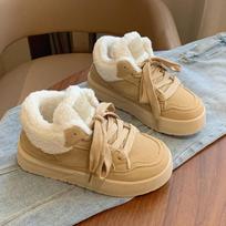Platform Lace-Up Plush Shoes Women's Winter Outdoor Faux Fur Lined Thickened Anti-Slip Low Top Snow Boots Casual Sneakers 36