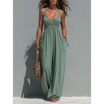2026 Bohemian Lace Patchwork Pocket Jumpsuit High-Waisted Loose Fit Sleeveless Romper Women XXXL augalų žalia