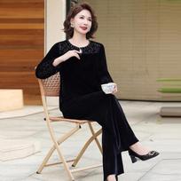 Women Velvet Two Piece Set Lace Splice Long Sleeve Top Wide Leg Pants for Middle Aged Ladies Casual Outfit L black