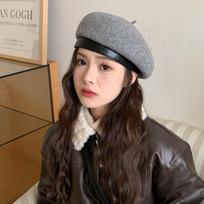 Retro Woolen Beret Autumn and Winter Warm PU All Match Hat for Women with Big Head Circumference Temperament Literary Pumpkin Hat Trend 55-59CM black