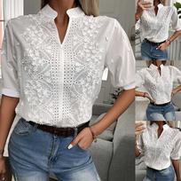 Summer Women's New V-neck Stand-up Collar Embroidered Lace Top Shirt M