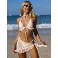 European and American New Sexy Backless Lace Swimsuit Women's Straps Solid Color Three-piece Bikini XL brown