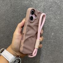 Wrinkle Matte Wrist Strap Case for For Iphone 16 1 14 17 Pro Max Air 13 12 11 Lanyard Candy Solid Color Ripple Soft Cover For iPhone 17 Air gray